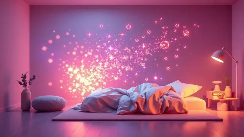 Representação 3D conceitual de um ambiente de sono revigorante com partículas de energia suaves simbolizando saúde e vitalidade.