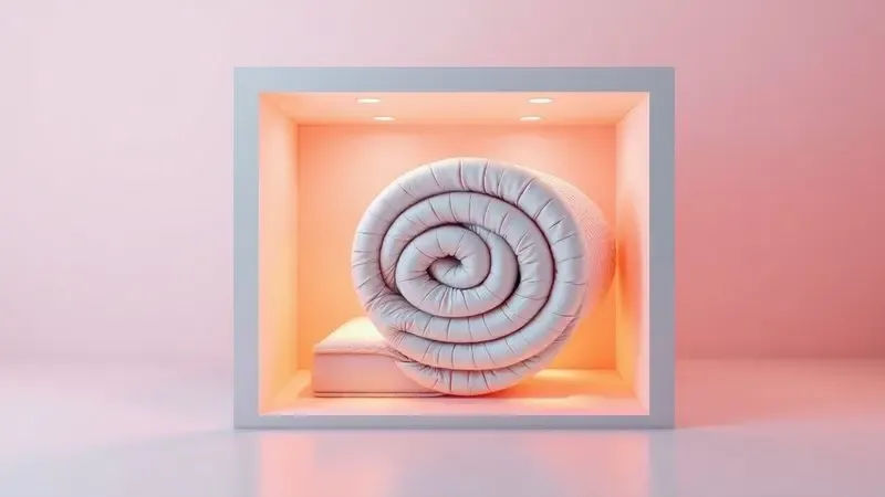 Representação 3D de um colchão à vácuo expandindo a partir de uma caixa moderna e minimalista.