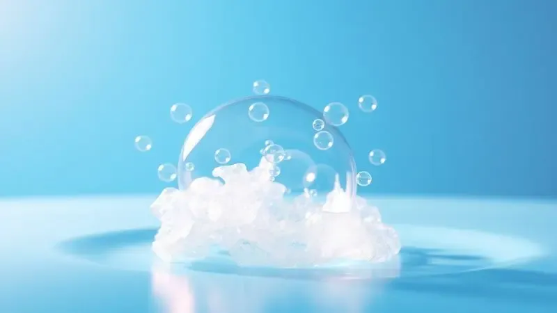 Renderização 3D conceitual de bolhas de sabão brilhantes sobre uma superfície azul macia para identificar furos.