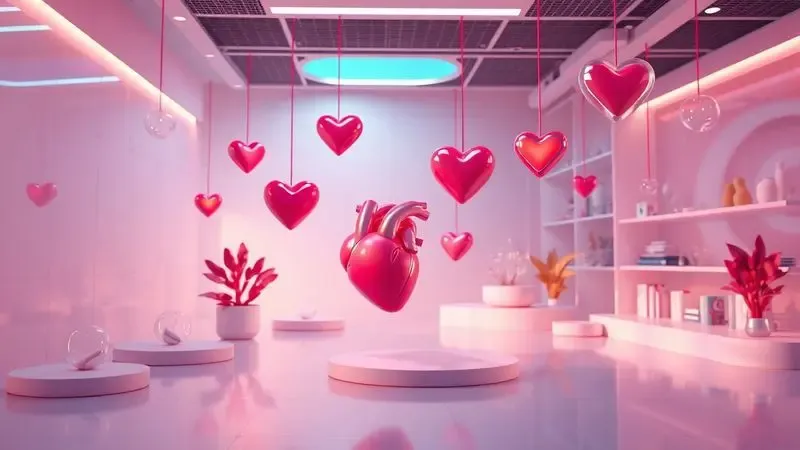 Cena 3D conceitual com ícones abstratos de cuidado em um ambiente médico moderno e minimalista.