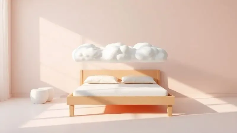 Representação conceitual 3D de uma camada extra de maciez flutuando sobre um colchão em um ambiente minimalista e acolhedor.